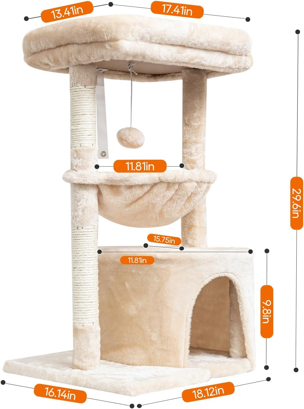Small Cat Tree for Indoor Cats, Kittens Condo with Scratching Post and Board, Modern Activity Tower with Cradle, Beige