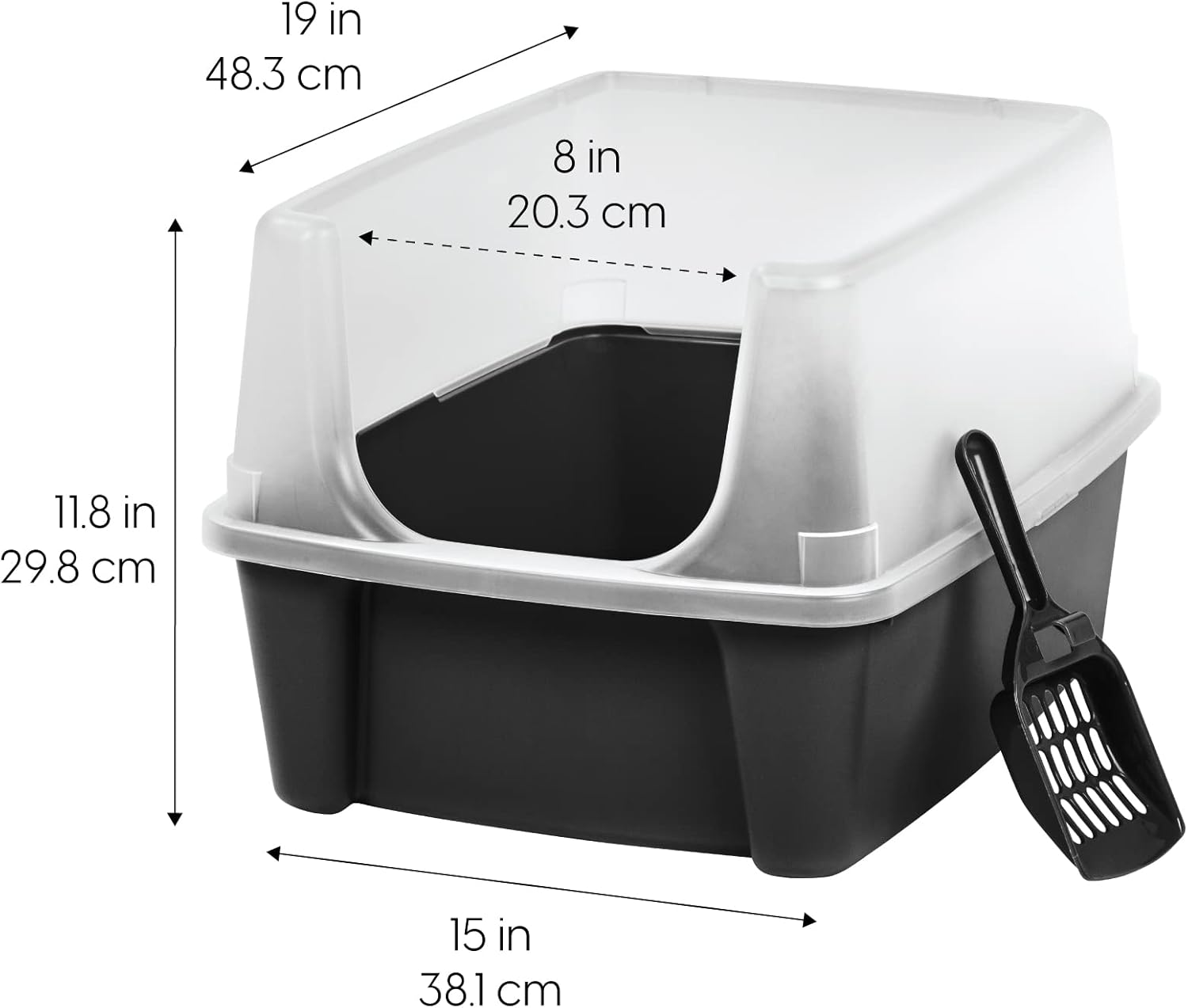 Large Cat Litter Box with Scatter Shield and Scoop, Open Top High Sided Cat Litter Pan, Black