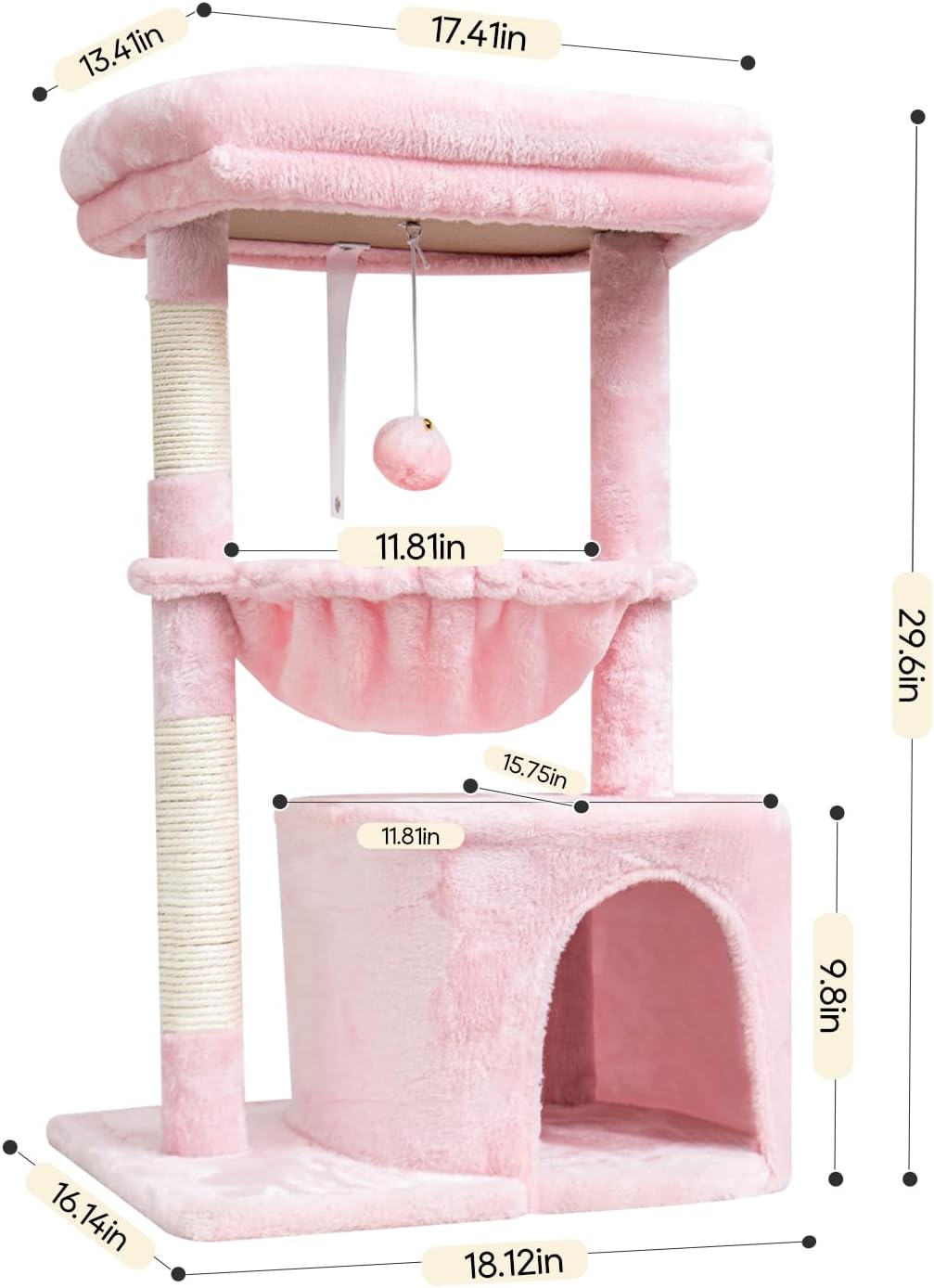 Small Cat Tree for Indoor Cats, Cat Tower with Scratching Post, Modern Cat House with Padded Perch, Kittens Condo with Cradle, Cat Cave, Pink