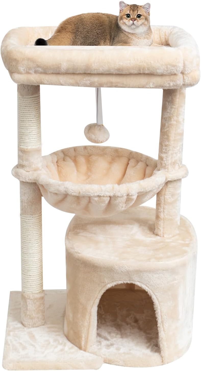 Small Cat Tree for Indoor Cats, Kittens Condo with Scratching Post and Board, Modern Activity Tower with Cradle, Beige