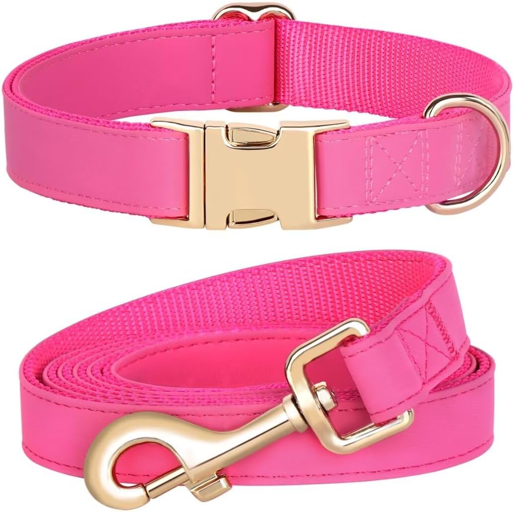 Soft Leather Dog Collar and Leash Set, Comfy & Stylish Leather Dog Leash and Collar Set, Bright & Solid Hot Pink Pet Collar with Quick Release Metal Buckle for Small Medium Large Dogs