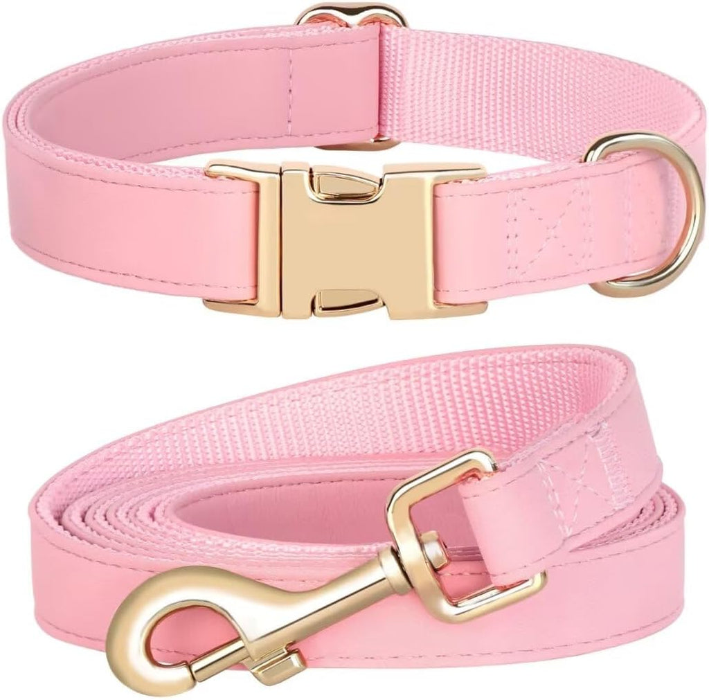 Soft Leather Dog Collar and Leash Set, Comfy & Stylish Leather Dog Leash and Collar Set, Bright & Solid Pink Pet Collar with Quick Release Metal Buckle for Small Medium Large Dogs