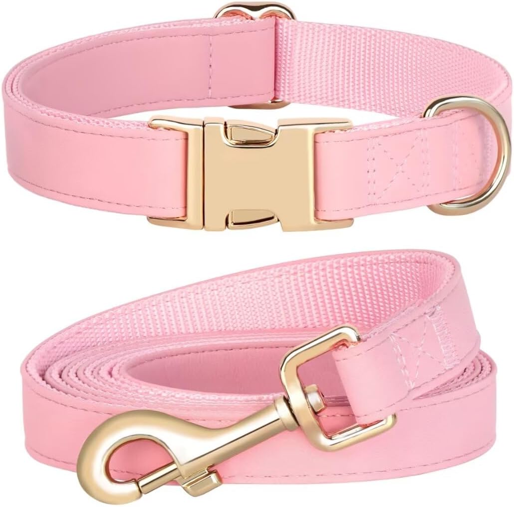 Soft Leather Dog Collar and Leash Set, Comfy & Stylish Leather Dog Leash and Collar Set, Bright & Solid Pink Pet Collar with Quick Release Metal Buckle for Small Medium Large Dogs