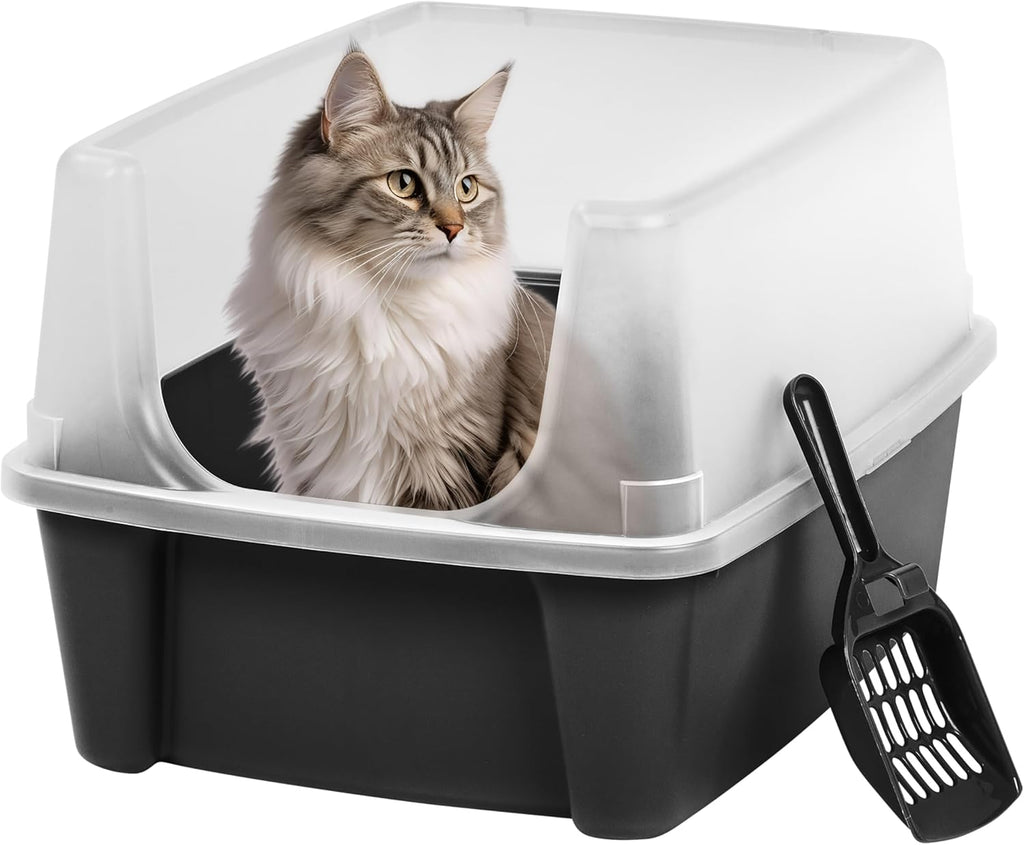Large Cat Litter Box with Scatter Shield and Scoop, Open Top High Sided Cat Litter Pan, Black