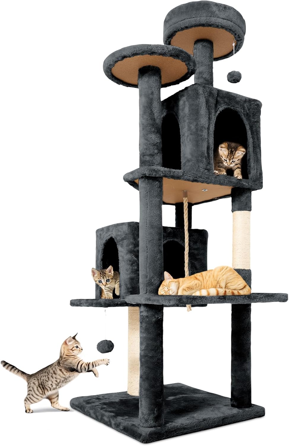 58.5inch Large Cat Tree Tower Condo for Indoor Cats, Soft Plush Multi-Level Climbing Tree Cat House with 1 360° Rotating Cat Cave, Scratching Post, More Entrance/Exit, Sisal Rope, Grey Black