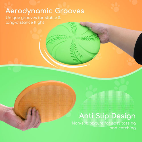 2 Pack Dog Flying Disc, Interactive Flyer Dog Toys for Small Medium Large Dogs to Fetch, Durable Outdoor Dog Disc Toy for Long-Distance Flies and Floats on Water, Orange & Green