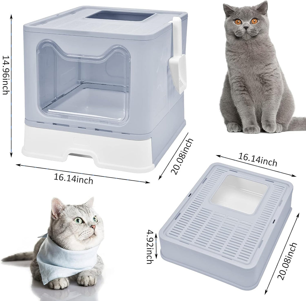 Top Entry Cat Litter Box With Lid - Enclosed Anti-Splashing Potty, Foldable Large Covered Toilet Pan, Cat Supplies With Scoop, Brush and Garbage Bag
