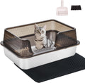 Medium Low Entry Enclosed Stainless Steel Cat Litter Box with lid Scoop and Pads Easy Clean Kitten Kitty Transparent Black Metal Litter Box