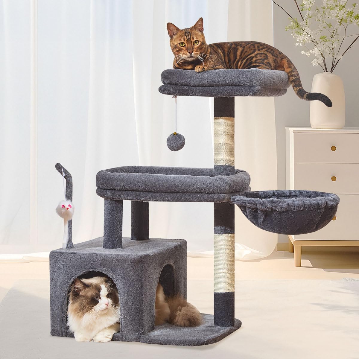 Cat Tree, 32.2-Inch Cat Tower for Indoors Cats, Cat Condo with Large Cat Perch, Spacious Cat Cave, Scratching Posts for Small and Medium Cats, Smoky Gray
