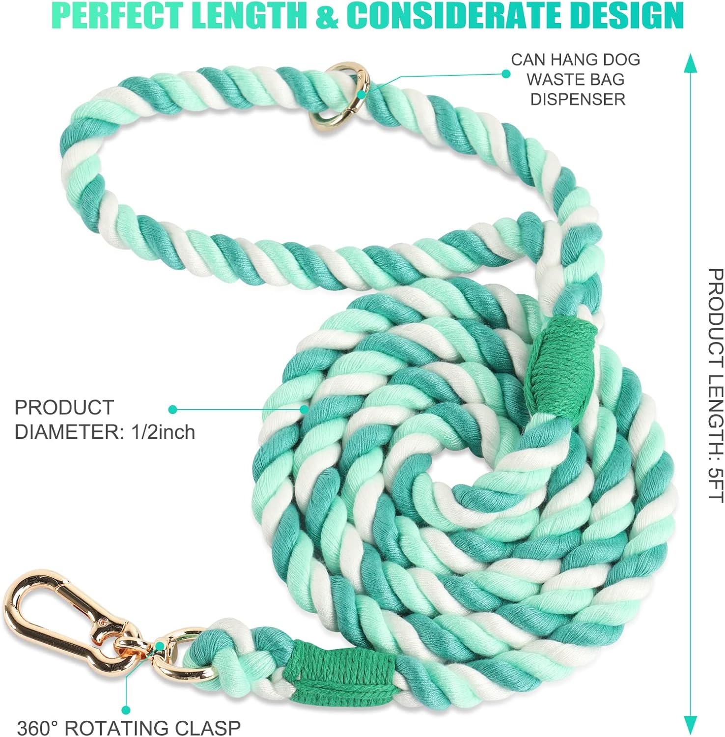 Rope Dog Leash Handmade Braided Cotton Rope Leashes with Heavy Duty Metal Clasp, Cute Dog Leash, Wedding Dog Leash (Moss Green, 5 FT)