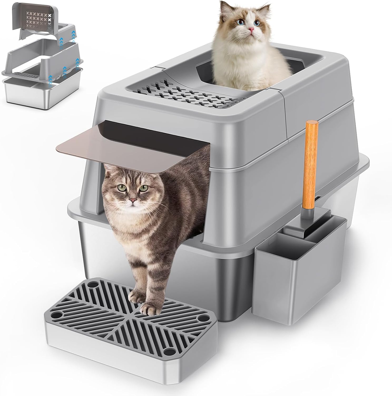 Stainless Steel Litter Box with Lid, XL Extra Large Enclosed Cat Litter Box Fits All Cats Modular Design with Flip Cover, Top Entry Metal High Sided Cat Box & Pedal & Scoop (Grey)
