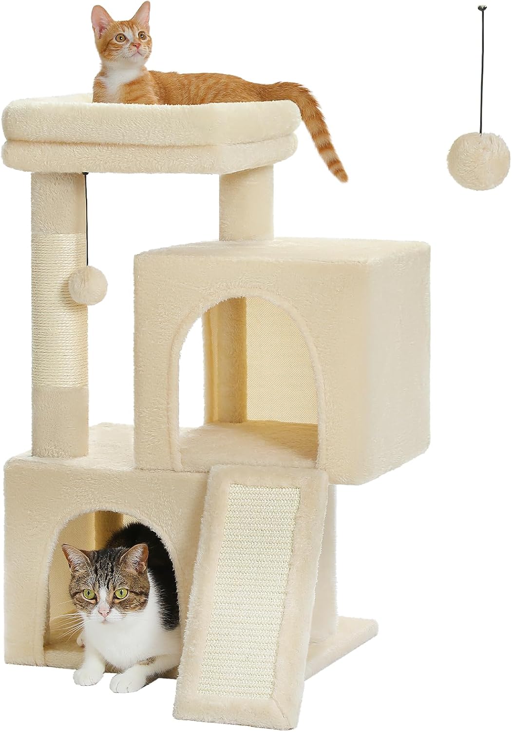 Cat Tree, 30 Inches Cat Tower with Dual Condos for Indoor Cats, Plush Cat House with Padded Perch, Scratching Ramp and Posts and Replaceable Balls-Beige