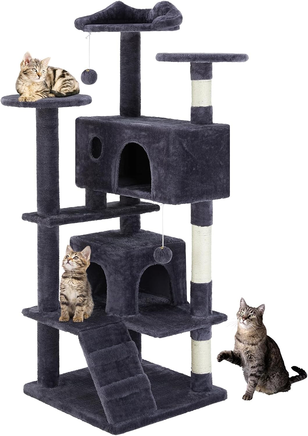 54-inch Indoor Cat Tree Tower –Multi-Level Pet House for Large Cats with 2 Condos, Scratching Posts, Round Platform, Small Ladder, and Toys – Perfect for Cats of All Ages, Dark Grey