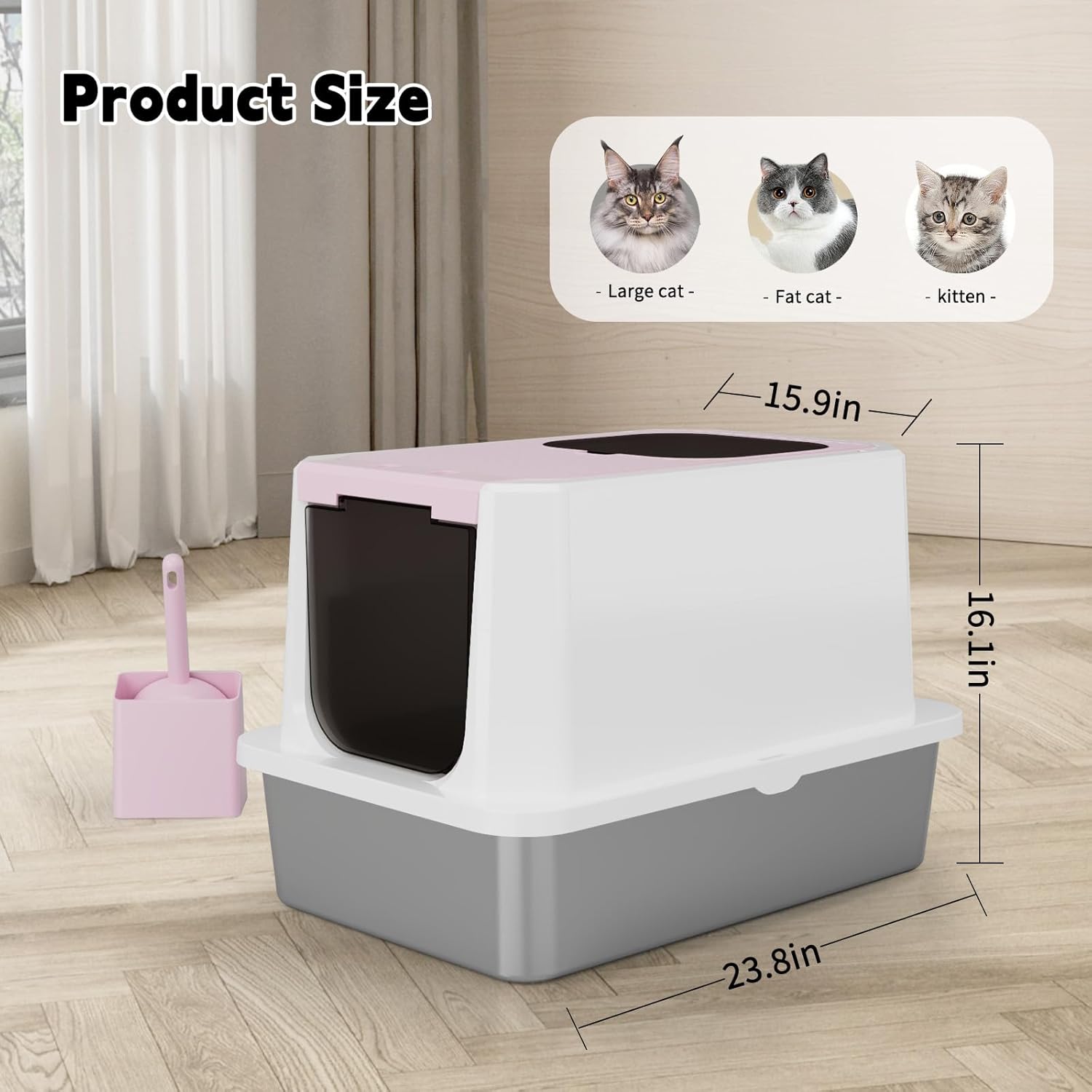 Enclosed Cat Litter Box: Extra Large Pink Litter Pan with Top Exit & Anti-Leak Design - Teflon Non-Stick Coating Stainless Steel Cleaning - Odor-Control in Garage Utility Room