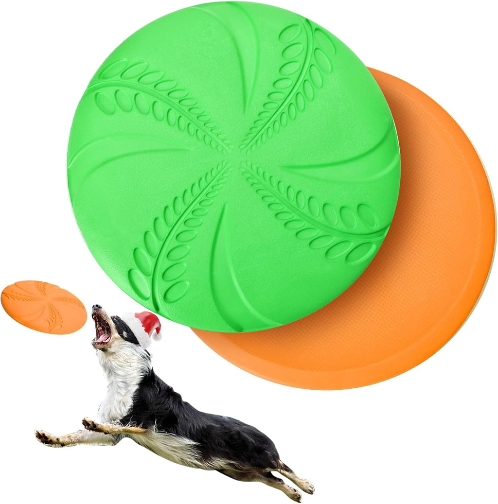 2 Pack Dog Flying Disc, Interactive Flyer Dog Toys for Small Medium Large Dogs to Fetch, Durable Outdoor Dog Disc Toy for Long-Distance Flies and Floats on Water, Orange & Green