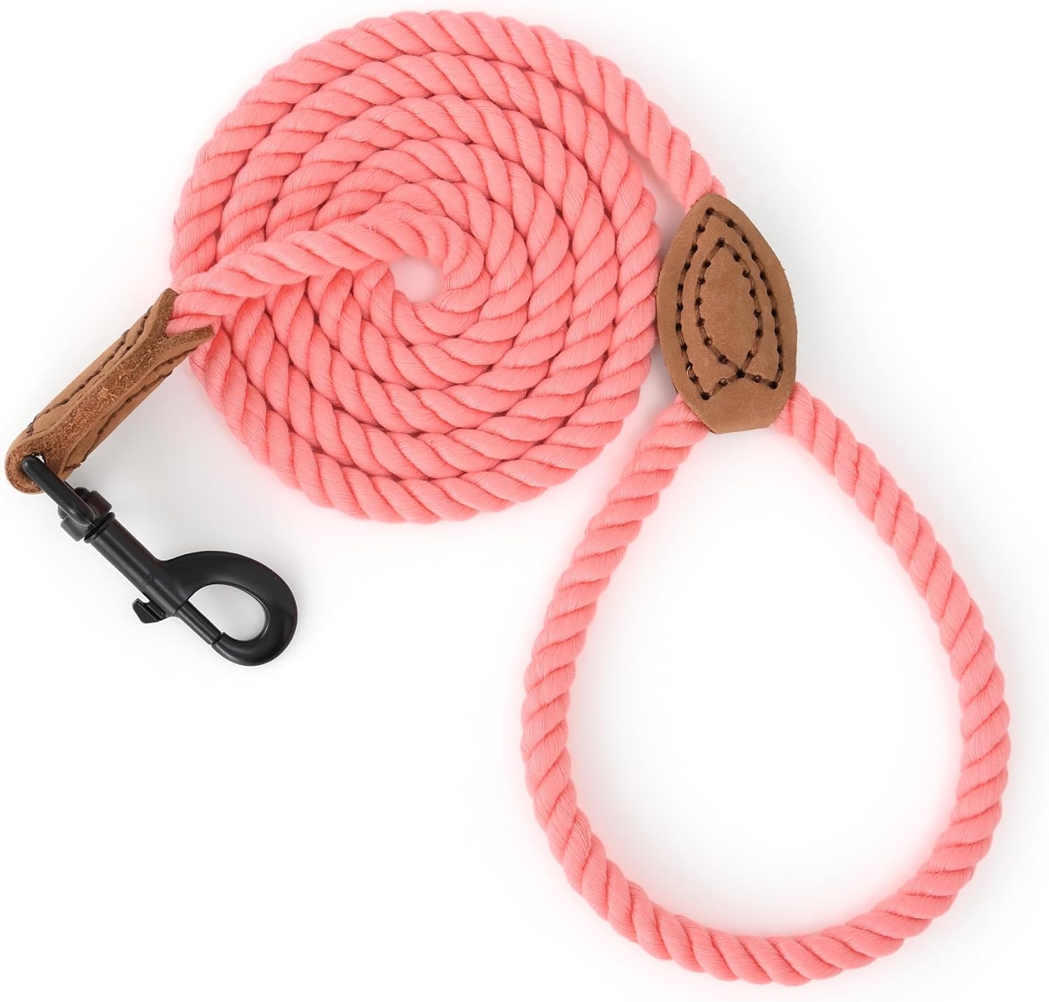 Dog Leash, Braided Cotton Rope Leashes with Leather Tailor Tip with Leather Tip - Heavy Duty Metal Clasp, 4FT, 1/2" Thick - Wedding, Walking Leash for Medium Large Dogs(Pink)