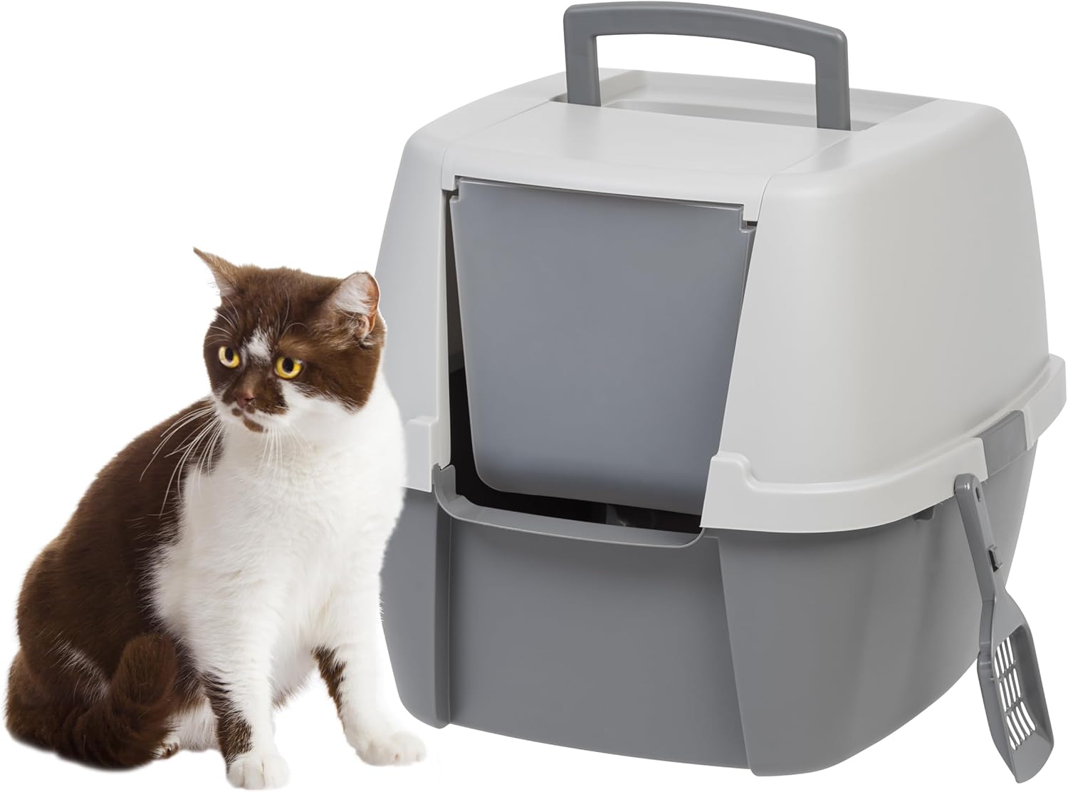 Cat Litter Box, Large Litter Box Enclosure with Front Door Flap and Scoop, Covered Kitty Litter Box with Handle and Buckles for Portability and Privacy, Gray