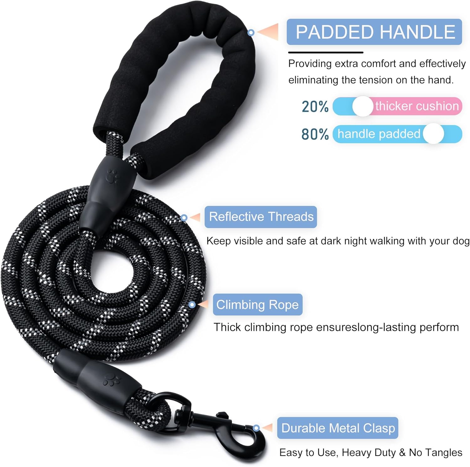 2 Pack Dog Leash, 4/5//6 FT Heavy Duty Nylon Rope Pet Leashes with Comfortable Padded Handle, Reflective Dog Leashes for Small Medium and Large Dogs (6FT-1/2,Black/Black)