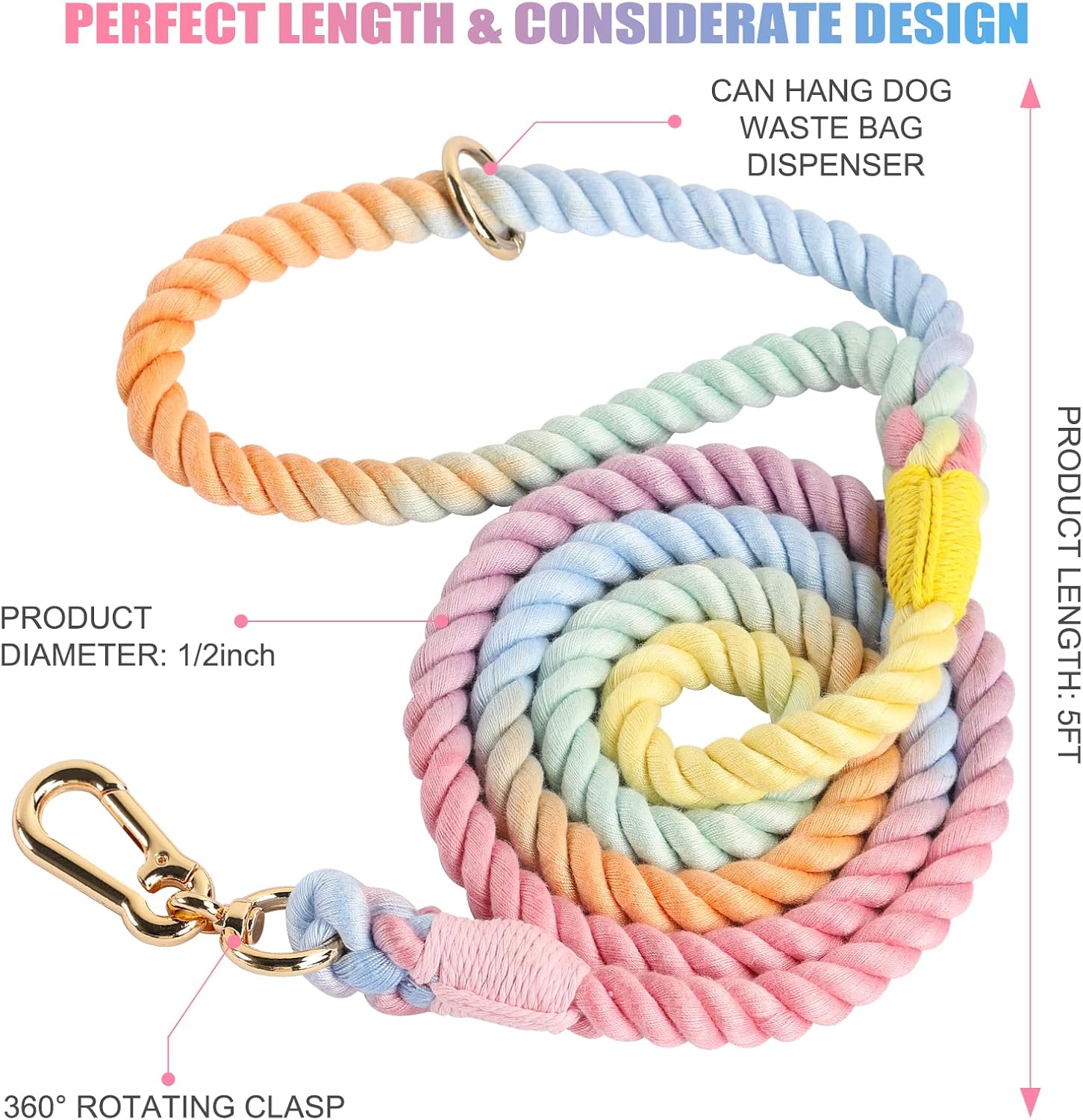 Rope Dog Leash Handmade Braided Cotton Rope Leashes with Heavy Duty Metal Clasp, Cute Dog Leash, Wedding Dog Leash (Colorful Macaron, 5 FT)