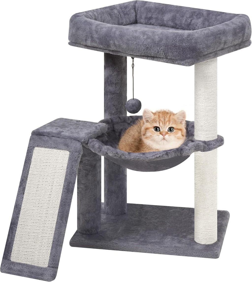 Cat Tree with Cat Scratching Post for Indoor Cats, Cat Tower with Scratching Board and Playful Toy Balls, Cat Tree Tower with Cozy Hammock,Grey