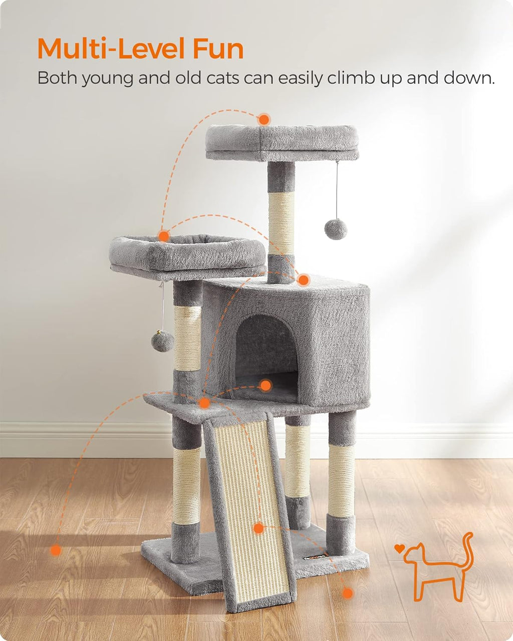 Cat Tree, 45.3-Inch Cat Tower, Plush Condo with Scratching Post, Ramp, Perch, Spacious Cave, for Small Space, Light Gray