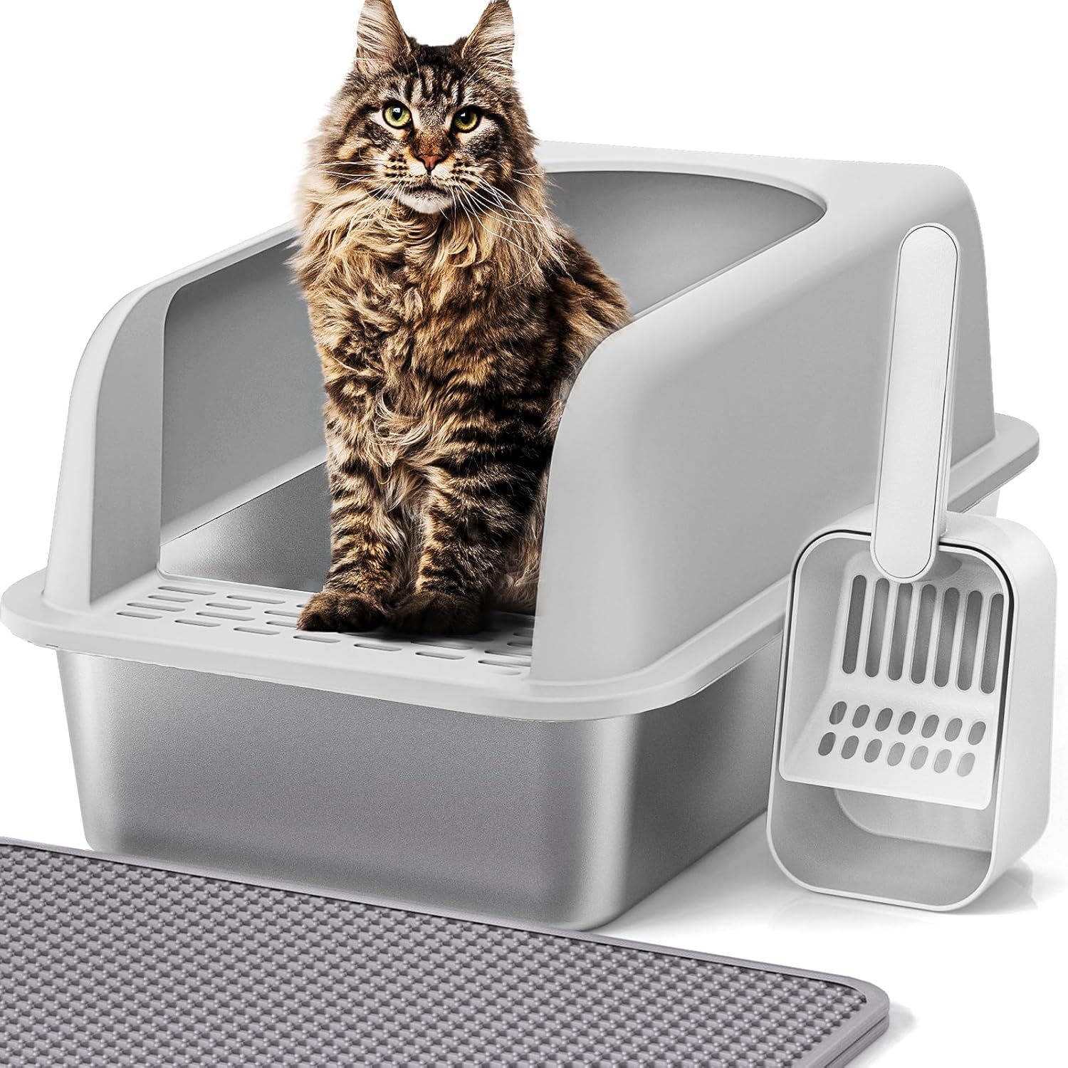 Stainless Steel Cat Litter Box with Lid, 20" L x 14.2" W x 11.8" H, Extra Large Litter Box for Big Cats with High Sided, Anti-Urine Leakage, Easy Cleaning, Include Cat Mat and Scoop