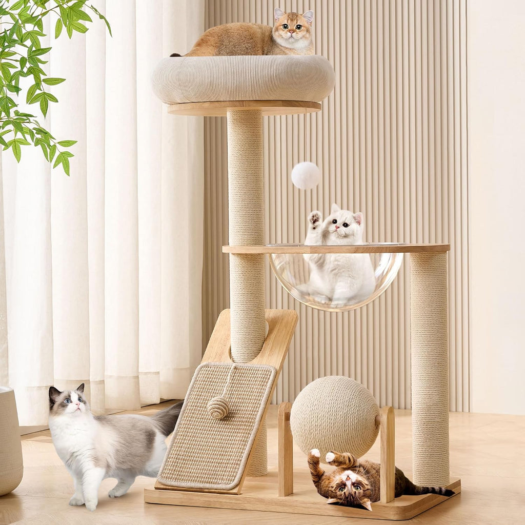Solid Wood Cat Tree Tower with Scratching Post, 37.8 Inches Tall Cat Towers with Scratching Board and Scratcher Ball, Modern Cat Tower With Space Capsule and Removable Top Bed for Indoor Cats.