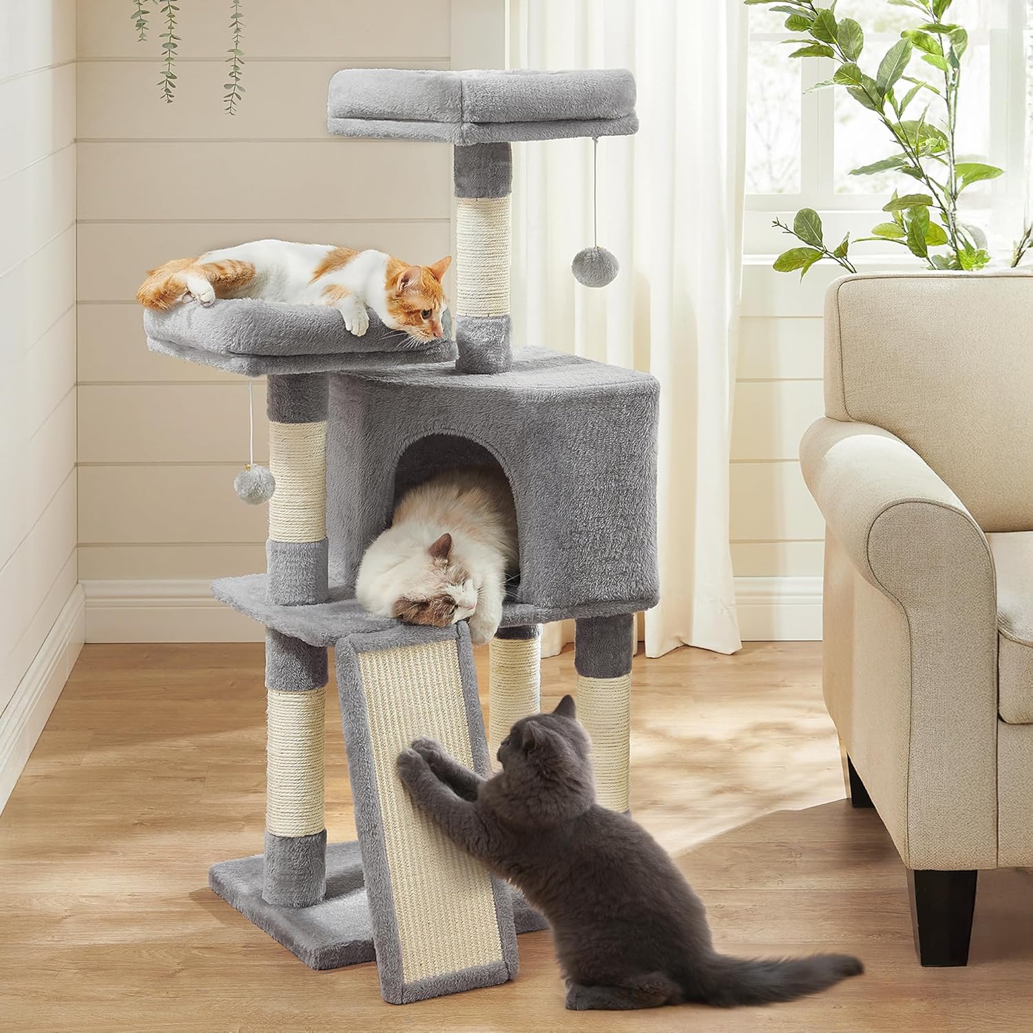 Cat Tree, 45.3-Inch Cat Tower, Plush Condo with Scratching Post, Ramp, Perch, Spacious Cave, for Small Space, Light Gray