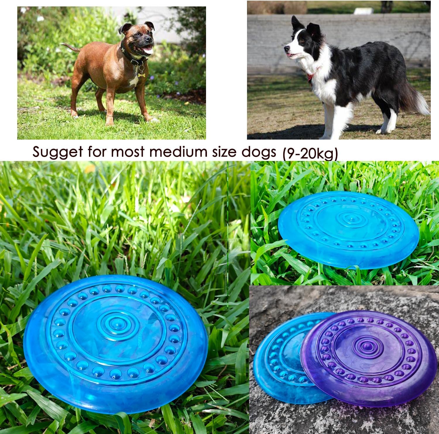 Dog Flying Discs Soft Teeth Cleanning Chew Toys,Rubber Material, Durable, Indestructible,2 Pack,18.5cm,90g,Blue and Purple Colors for Puppies Small Medium Dog Outdoor Training.