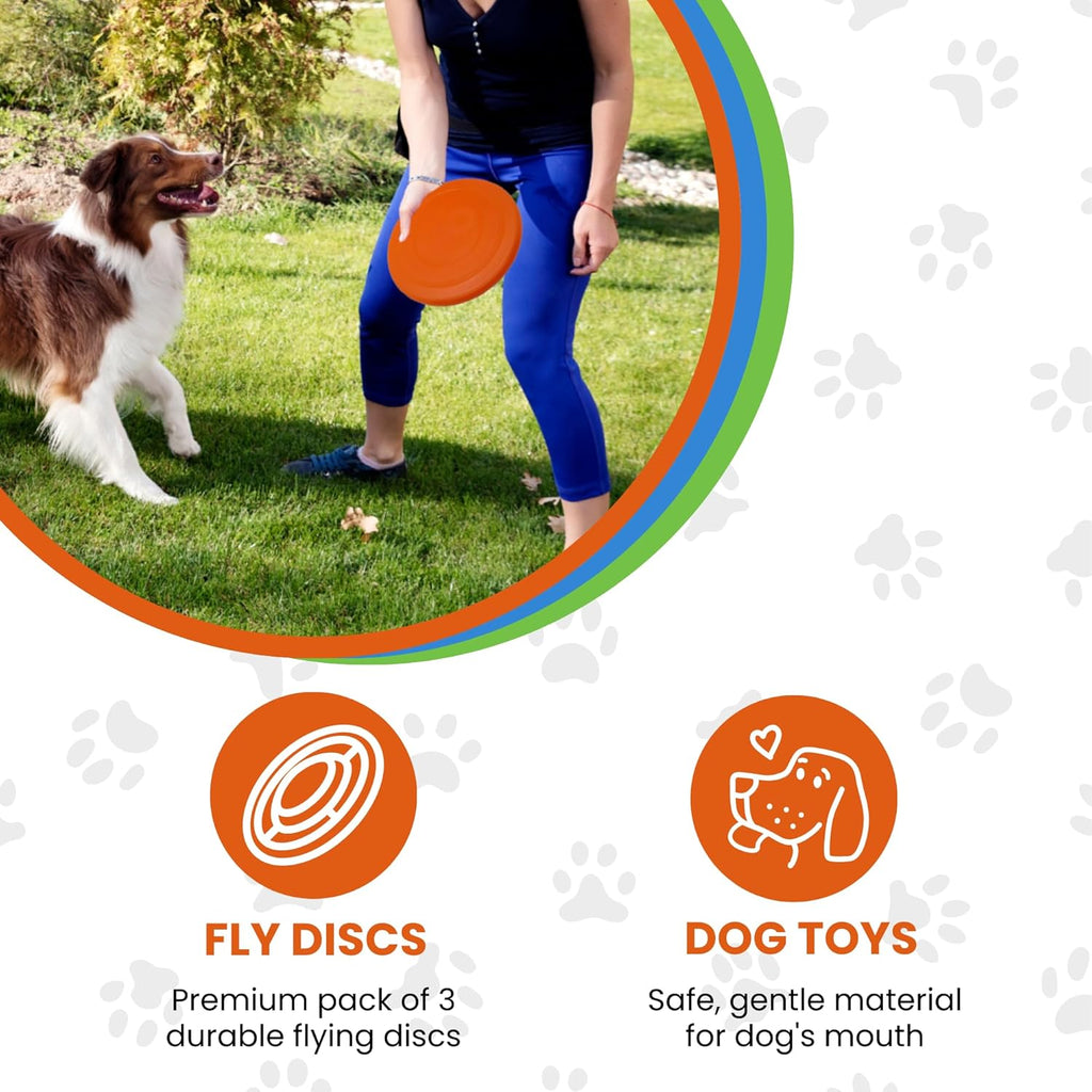 Dog Flying Disc - Pack of 3 Pet Frisbees + Durable Outdoor Dog Toys for Training and Exercise - Interactive Fetch Discs - Blue, Green, and Orange Colors