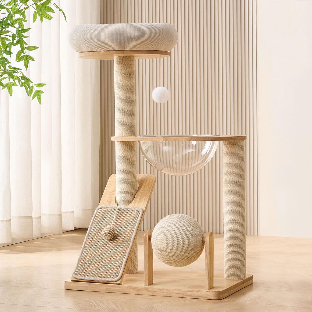Solid Wood Cat Tree Tower with Scratching Post, 37.8 Inches Tall Cat Towers with Scratching Board and Scratcher Ball, Modern Cat Tower With Space Capsule and Removable Top Bed for Indoor Cats.