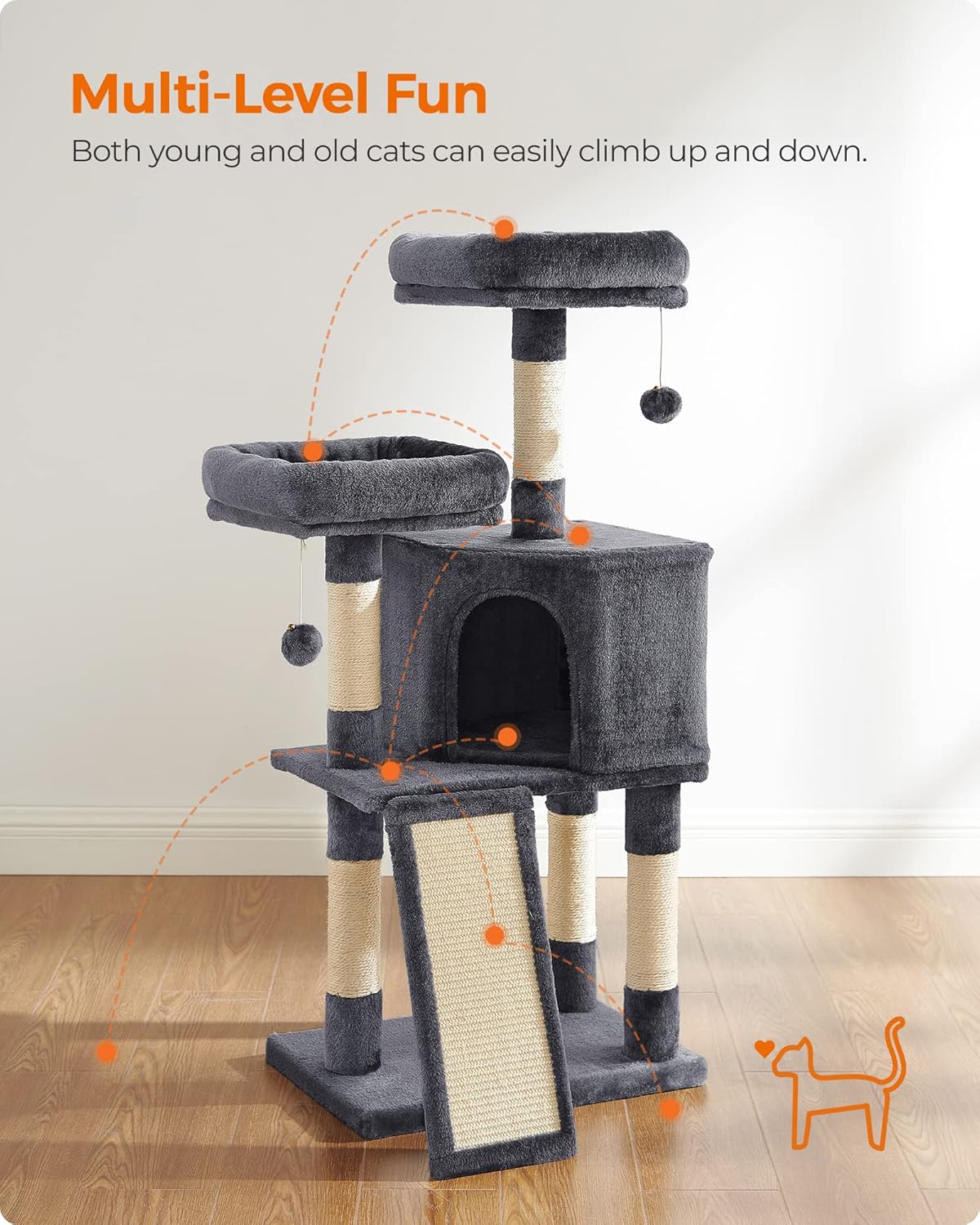 Cat Tree, 45.3-Inch Cat Tower, Plush Condo with Scratching Post, Ramp, Perch, Spacious Cave, for Small Space, Smoky Gray 1