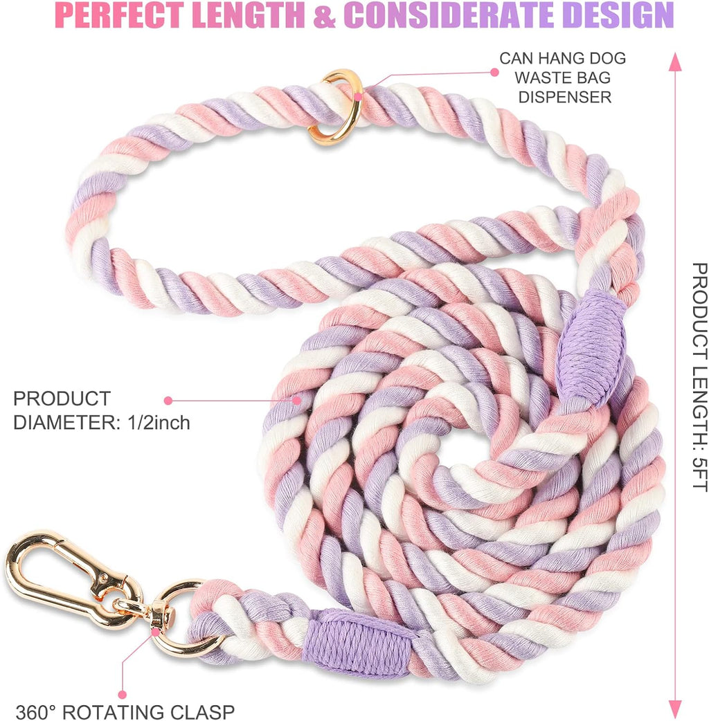 Rope Dog Leash Handmade Braided Cotton Rope Leashes with Heavy Duty Metal Clasp, Cute Dog Leash, Wedding Dog Leash (Unicorn Purple, 5 FT)