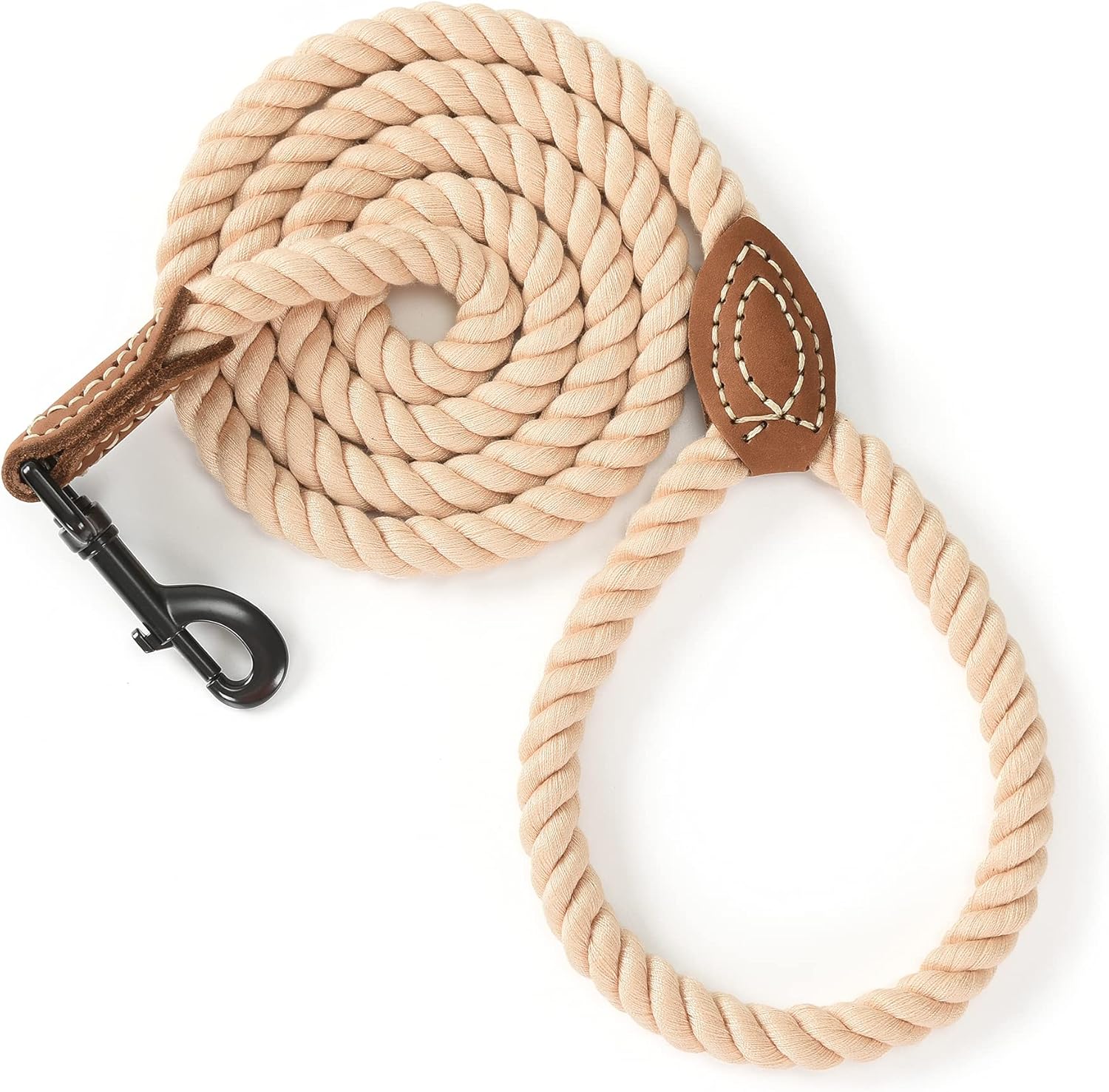 Dog Leash, Braided Cotton Rope Leashes with Leather Tip - Heavy Duty Metal Clasp, 4FT, 1/2" Thick - Wedding, Walking & Training Leash for Small Medium Large Dogs (Light Brown)