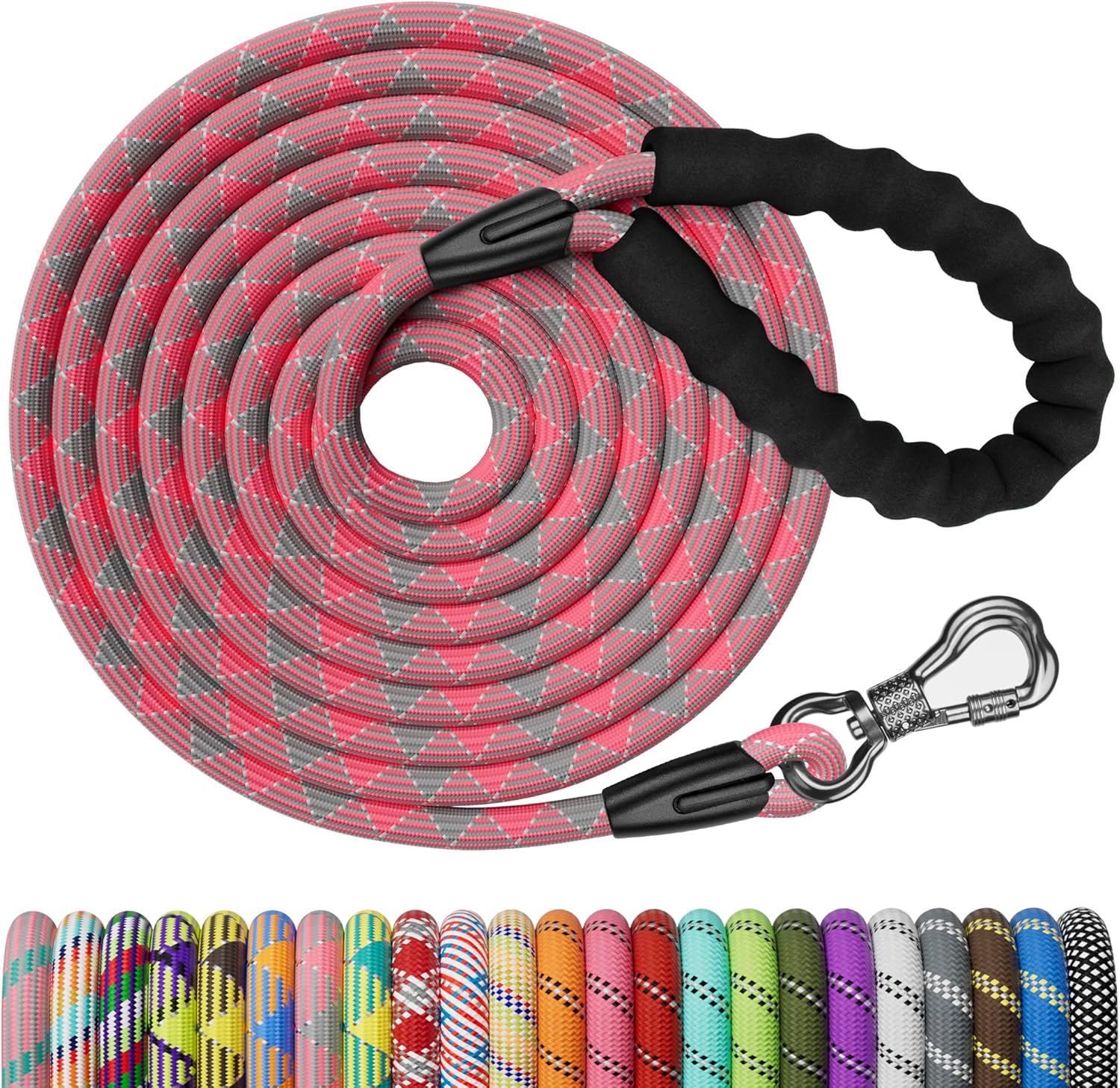 Long Dog Leash, 30FT Check Cord with Swivel Lockable Hook and Comfortable Padded Handle for Pink Leash for Small Medium and Large Dogs Walking Training Hiking Camping Playing
